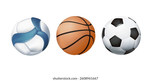 Sport Balls illustrations set. Volleyball, basketball and football or soccer balls isolated on white background. Set of 3d realistic soccer, football, basket and volley ball. 3D Vector illustration