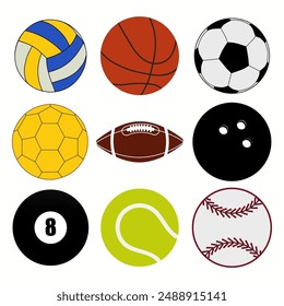 Sport balls. Isolated vector icons of sport balls and team gaming items of bowling, soccer, rugby, football, baseball, basketball, tennis, handball, volleyball