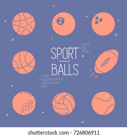 Sport balls living coral colored glyph vector icon set. Football/rugby, soccer, basketball, baseball, tennis, golf, pool, volleyball and bowling balls on dark background 