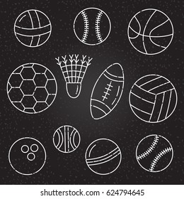 Sport balls on black background doodles vector set