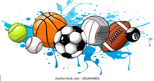 Sport balls on water background. Vector illustration