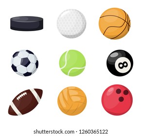 Sport balls on white background. Vector illustration sport tournament win round basket soccer equipment. Recreation leather group traditional different sportballs washer, flyhook.