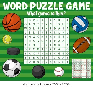 Sport balls on word search puzzle game worksheet. Child quiz grid, text game for kids, logical puzzle vector page with basketball, tennis and soccer football, bowling, volleyball and baseball balls