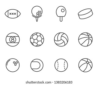 sport balls outline vector icons set isolated on white background. sport recreation concept. sport balls outline flat icons for web and ui design.