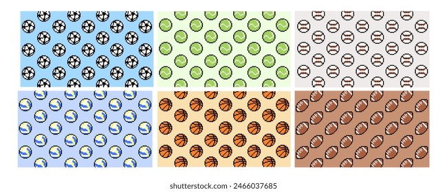 sport balls pixel seamless pattern with soccer ball, basketball, rugby ball, football, baseball.	