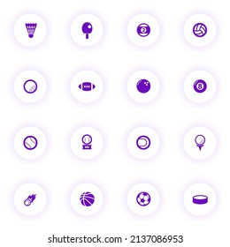 sport balls purple color vector icons on light round buttons with purple shadow. sport balls icon set for web, mobile apps, ui design and print