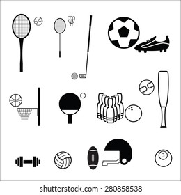 Sport balls and rackets icons set