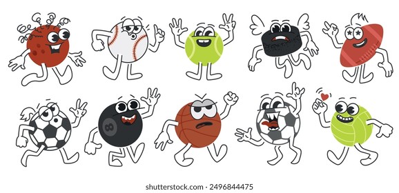 Conjunto de personajes retro de pelotas deportivas. Ilustración vectorial de mascotas deportivas aislada en blanco. ambiente cómico