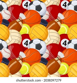 Sport balls seamless pattern, various sports games equipment. Baseball, football, soccer, tennis, hockey cartoon sport elements vector texture. Recreation and leisure time tools textile