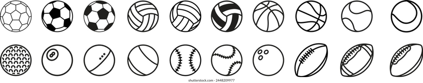 Sport balls set. ball equipment for football, basketball and volleyball. Isolated icons of ball for tennis and rugby, cricket and bowling. Vector in flat style. Collection silhouettes sports balls.