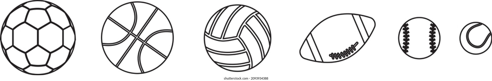 Sport balls set. Ball icons. Balls for Football, Soccer, Basketball, Tennis, Baseball, Volleyball. Vector illustration