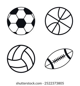 Juego de pelotas deportivas. Iconos de pelota. Pelotas para fútbol, fútbol, baloncesto, voleibol. Ilustración vectorial