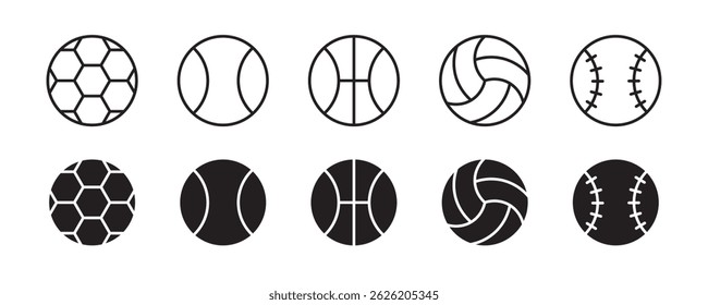 Bolas de esporte definidas. Ícones de bola. Bolas de futebol, futebol, basquete, tênis, beisebol, voleibol. Ilustração vetorial