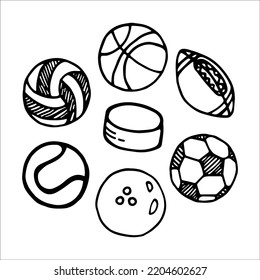 Sport balls set doodle style vector illustration isolated on white background