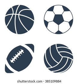 Sport balls set on black background. Collection silhouettessports balls. Vector illustration.