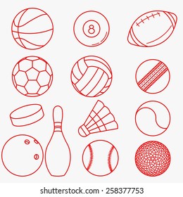 Sport balls, Set of red thin line icons in flat design -  vector illustration