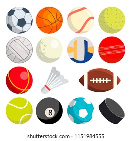 Sport Balls Set Vector. Round Sport Equipment. Game Classic Balls. Gaming Icons. Soccer, Rugby, Baseball, Basketball, Tennis, Puck, Volleyball. Isolated Illustration