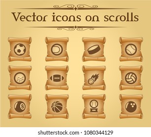 sport balls simple vector icons on ancient scrolls