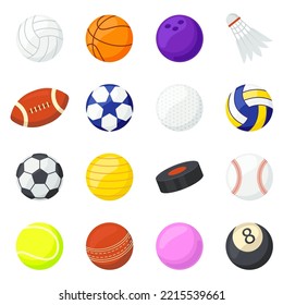 Sport balls. Soccer, tennis, volleyball, baseball and football equipment. Hockey puck and badminton shuttlecock. Game ball set. Basketball and soccer. Vector illustration