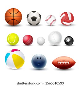 Sport balls, vector 3d realistic set mockups. Isolated sport balls equipment for baseball, tennis and American football or soccer, rugby and bowling, water polo and pool billiards, golf and volleyball