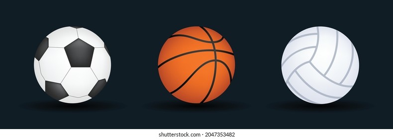 Sport balls vector emoji illustration. Set of soccer, basketball and volleyball equipment. 3d cartoon Style Balls collection isolated on background.