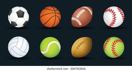 Sport balls vector emoji illustration. Set of soccer, basketball, tennis, volleyball, baseball and football equipment. 3d cartoon Style Balls collection isolated on background.