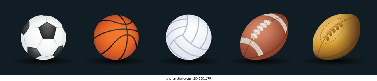 Sport balls vector emoji illustration. Set of soccer, basketball, volleyball, and football equipment. 3d cartoon Style Balls collection isolated on background.