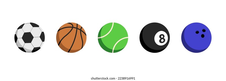 Sport balls vector icon set. Colorful balls for football, basketball, tennis, bowling and billiards symbol. Vector illustration sport balls with shadow