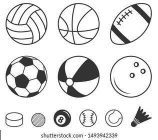 Sport balls vector icons: football, volleyball, tennis, basketball, billiards, baseball, golf, american football, bowling isolated on white. Black silhouettes of sport equipment for outdoor activities