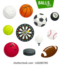 Sport Bälle Vektorsymbole. Einzelne Sportspielartikel, Fußball, Volleyball, Handball oder Basketball, Bowling und Tennis, Billard- und Billardspiele, Hockeypuck und Pfeile