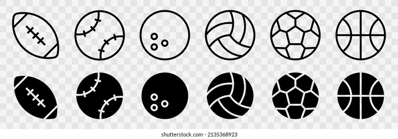 Sport balls vector icons set. Ball simple icon. Balls silhouettes for football, baseball, basketball, tennis, volleyball isolated on white background. Vector illustration.