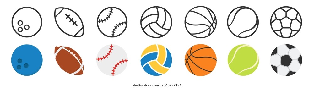 Sport balls vector icons set. Ball simple icon. Balls silhouettes for football, baseball, basketball, tennis, volleyball isolated on white background. Vector illustration.
