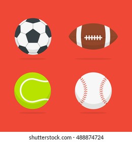 Sport balls vector set of isolated from the background. Icons soccer, tennis, baseball and american football balls in a flat style. Symbols sports equipment. Cartoon sport balls.
