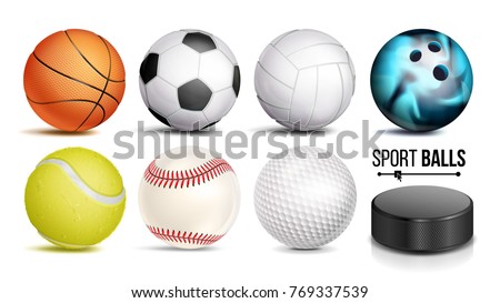 Sport Balls Vector. Set Of Soccer, Basketball, Bowling, Tennis, Golf, Volleyball, Baseball Sport Balls And Hockey Puck Icons Isolated Illustration