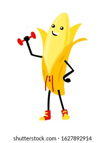 Sport banana character with dumbbell. Funny fruit