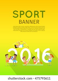 Sport banner 2016. Boxing, canoe rowing, pole vault and archery sport discipline. Different sports, athletes, sport competition. Olympic species of event. Summer olympic games background