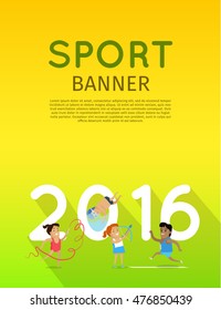 Sport banner. Artistic gymnastics athletics diving and archery template. Summer games colorful banner. Competitions, achievements, best results. Flyer, template, poster 2016. Vector illustration