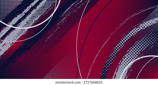 Fondo de Anuncio deportivo con patrón de semitono. Vector ilustración realista de Fondo de pantalla rojo abstracto con efecto de pincel, puntos, líneas delgadas y gruesas, fondo geométrico grunge, cartel angustiado