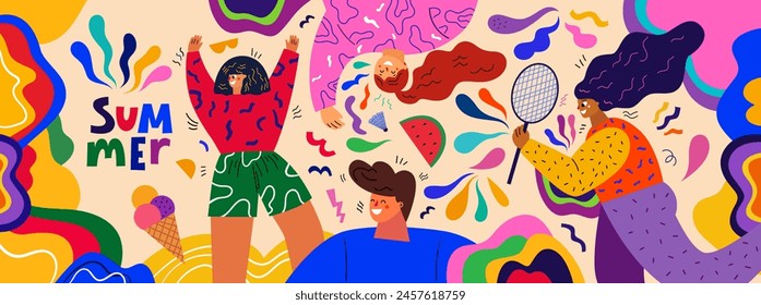 Sport banner. Colorful summer vector banner with people doing sports. An illustration showing summer sports activities: volleyball and badminton. People playing outdoors. Summer time concept design