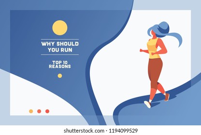 Sport banner with running girl on gradient background. Vector horizontal design with curvy young woman jogging.