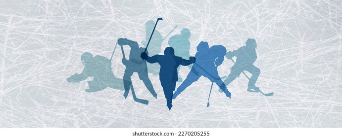 Sportbanner mit Silhouettes Hockey-Spieler auf Eis Textur. Hockey-horizontaler Hintergrund für das Platzieren von Text. 