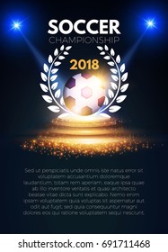 Sport Banner Template with Realistic Soccer Ball, Scene, Spotlights and Laurel Wreath. Football Cover. Win. Match Results. Vector illustration.