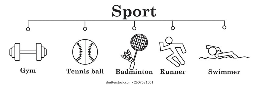 sport banner web icon vector illustration concept with icon of gym,tennisball,badminton,runner,swimmer
