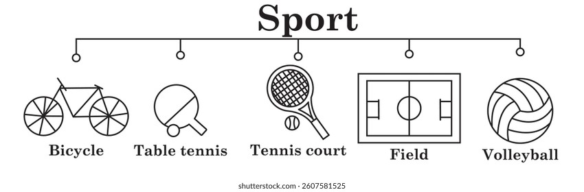 Sport banner web icon vector illustration concept with icon of bicycle,table tennis,tennis court,field,volleyball