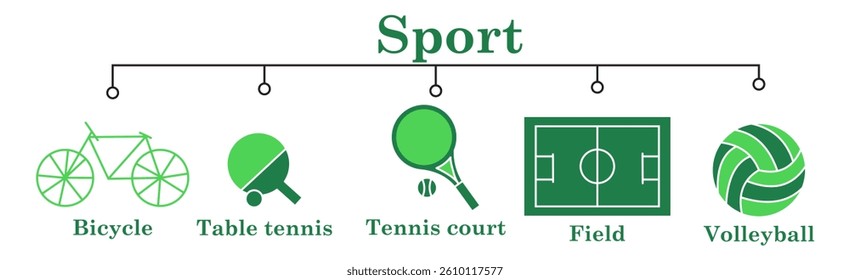Sport banner web icon vector illustration concept with icon of bicycle,table tennis,tennis court,field,volleyball