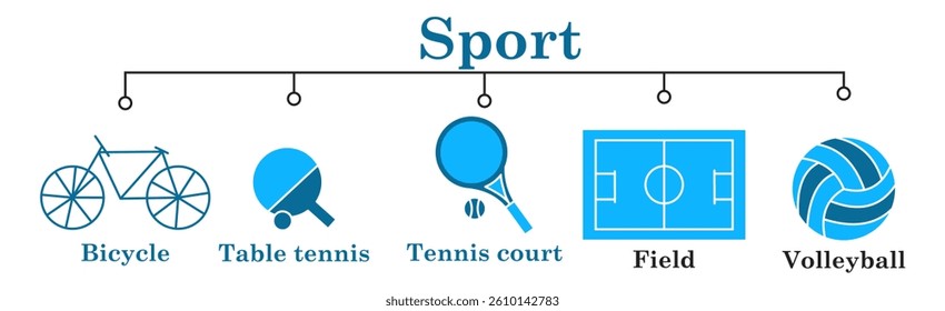 Sport banner web icon vector illustration concept with icon of bicycle,table tennis,tennis court,field,volleyball