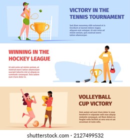 Sport banners. Happy athletes winners with trophy cups boxers volleyball players runners garish vector print templates with place forsonal text