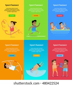 Sport banners set. Artistic gymnastics athletics rowing pole vault diving and boxing template. Active way of life concept. Competitions, achievements, best results. Happy cartoon characters. Vector