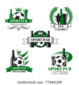 Sport bar icon with soccer ball and football trophy. Beer glass, mug and bottle with soccer ball, football trophy and winner cup isolated symbol, decorated by ribbon banner, laurel wreath and stars