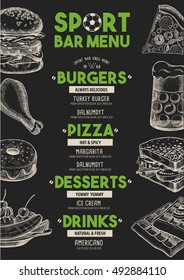 Sport bar menu placemat food restaurant brochure, template design. Vintage creative dinner flyer with hand-drawn graphic. 